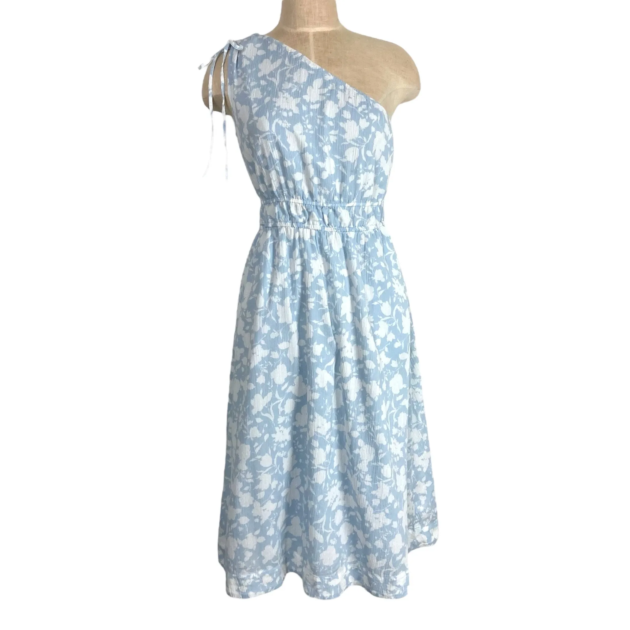 FREE ASSEMBLY LIGHT BLUE/WHITE FLORAL PRINT WITH ELASTIC WAIST ONE SHOULDER MIDI DRESS- SIZE S ( ONLINE)