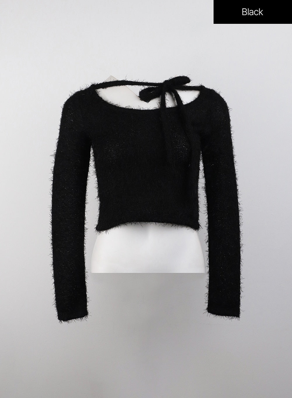 Fuzzy Soft Halter String Solid Knitted Long Sleeve Top CJ409