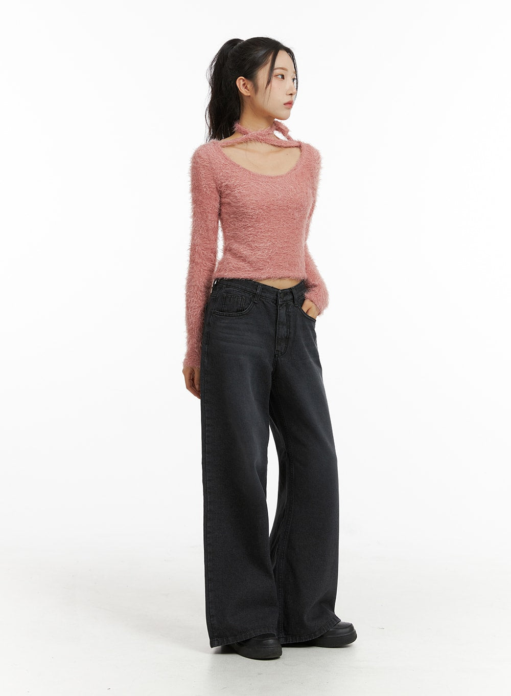 Fuzzy Soft Halter String Solid Knitted Long Sleeve Top CJ409