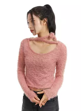 Fuzzy Soft Halter String Solid Knitted Long Sleeve Top CJ409