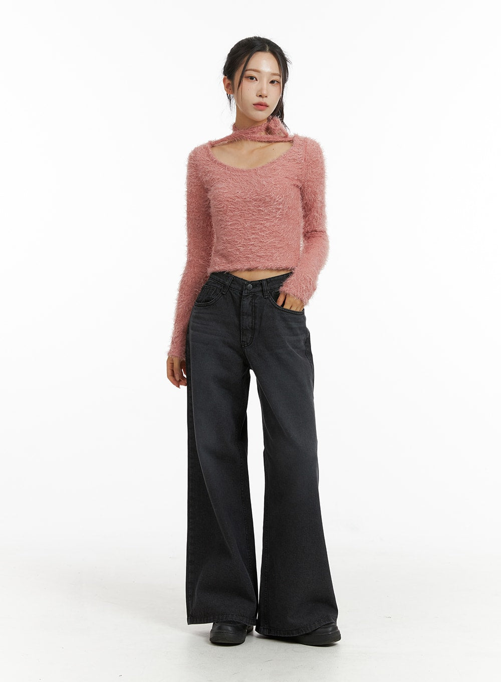 Fuzzy Soft Halter String Solid Knitted Long Sleeve Top CJ409