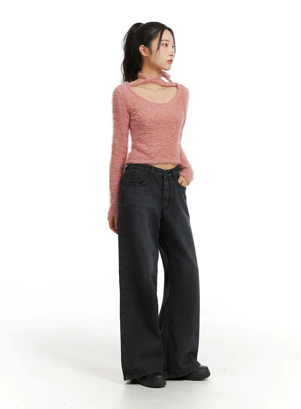 Fuzzy Soft Halter String Solid Knitted Long Sleeve Top CJ409