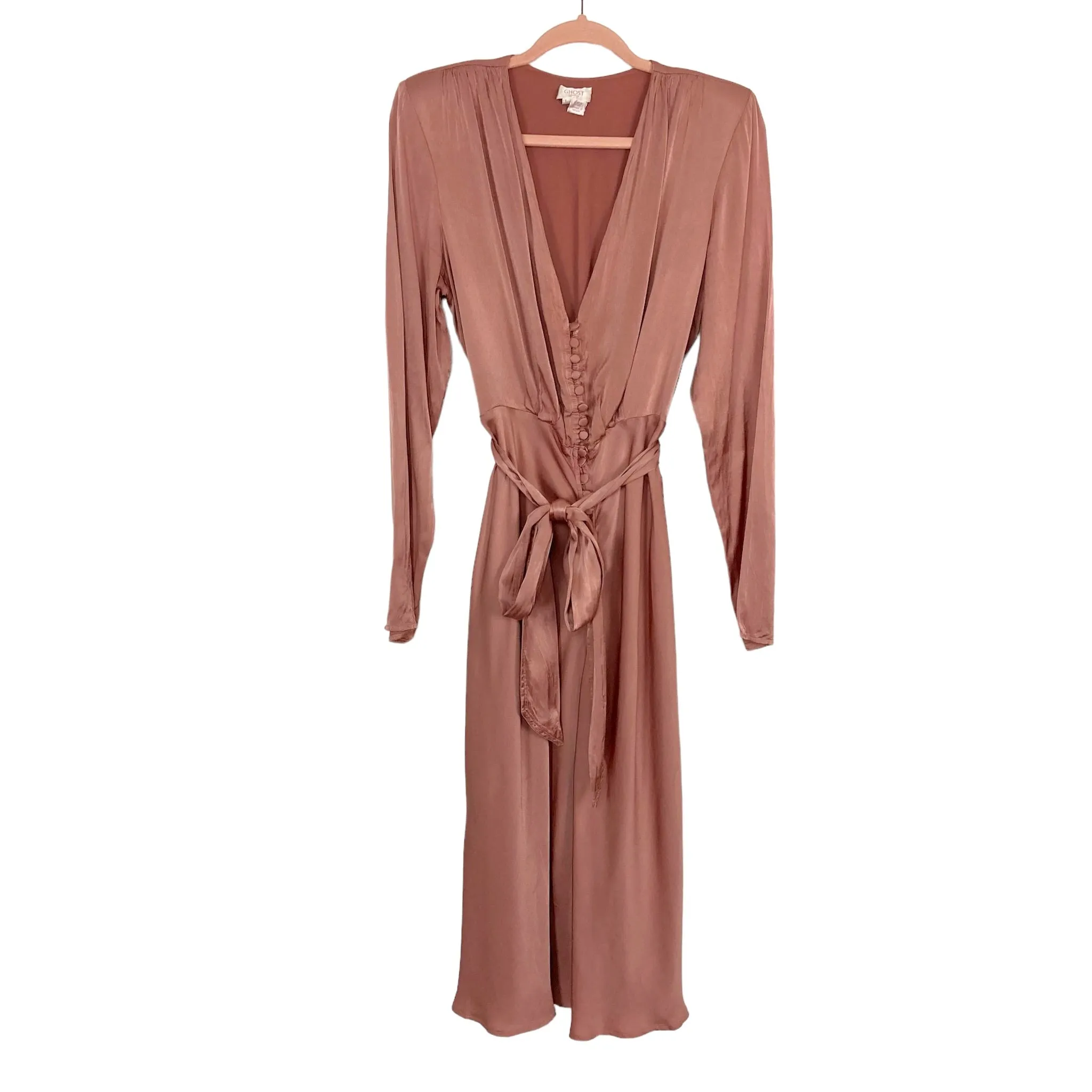 Ghost London Button Up Belted Shoulder Padded Satin Midi Dress- Size L (see notes)