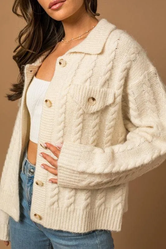 GILLI Collared Cable Sweater Cardigan