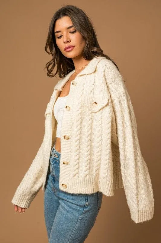 GILLI Collared Cable Sweater Cardigan