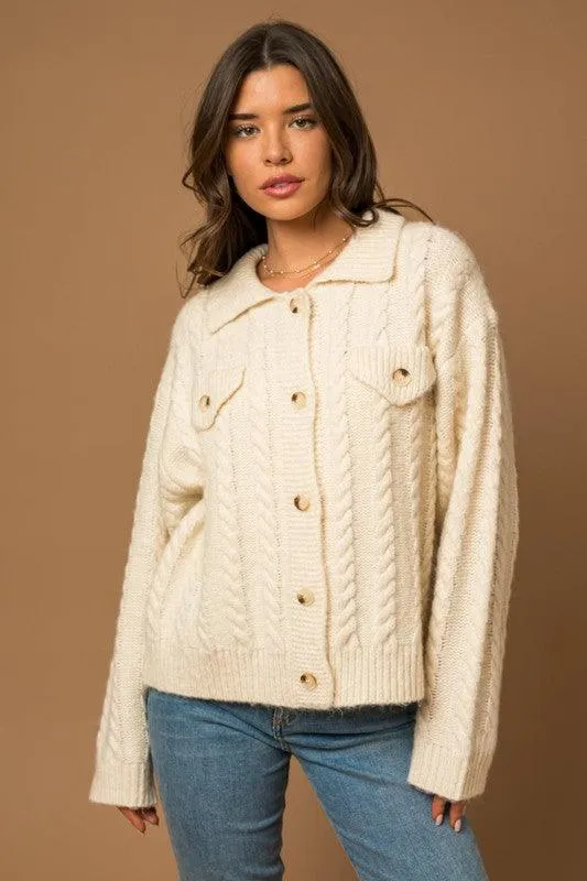 GILLI Collared Cable Sweater Cardigan