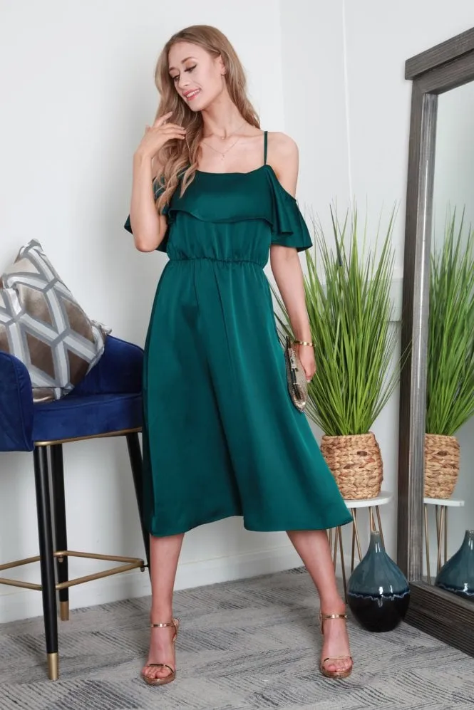 Green Off Shoulder Satin Midi Dress