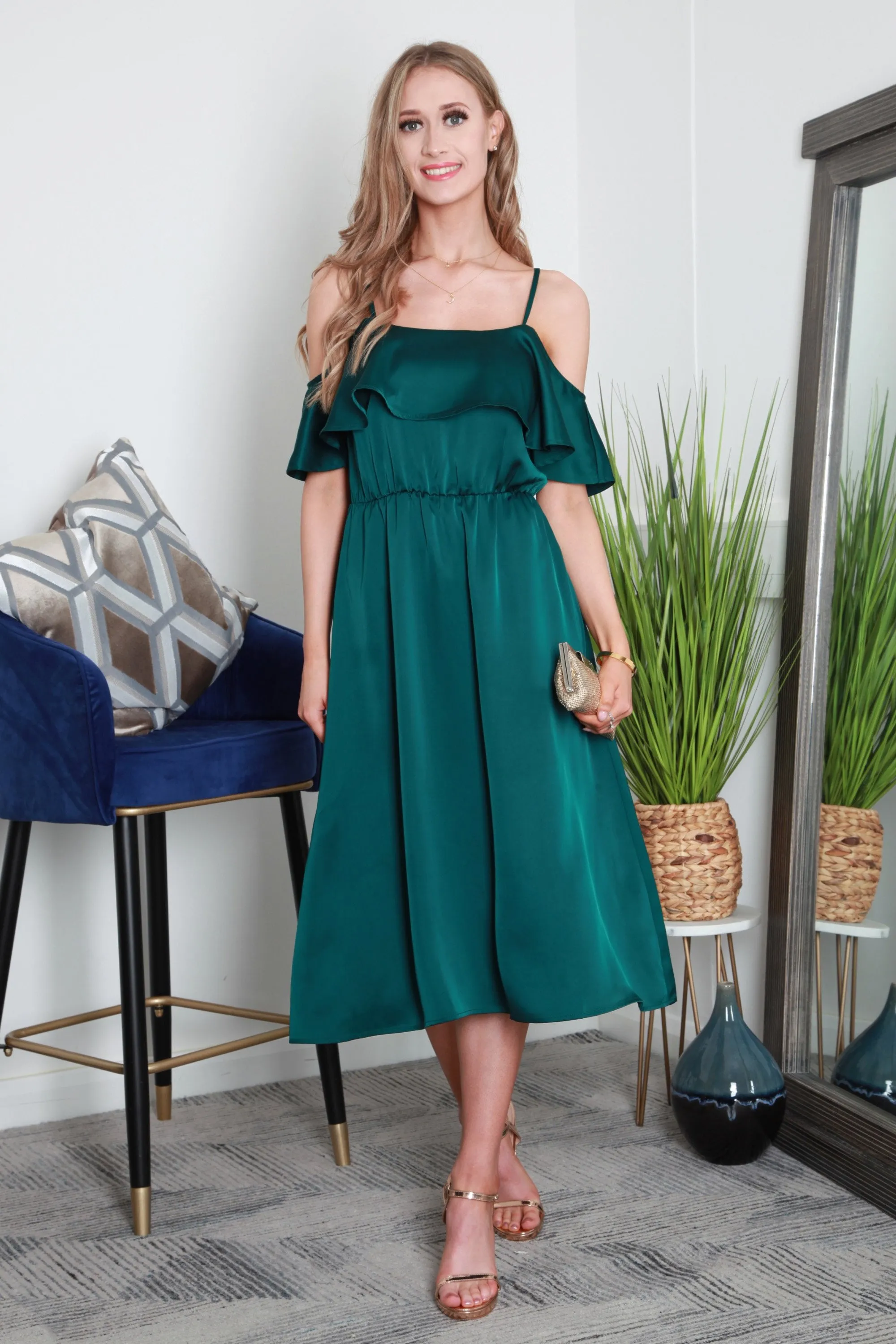 Green Off Shoulder Satin Midi Dress