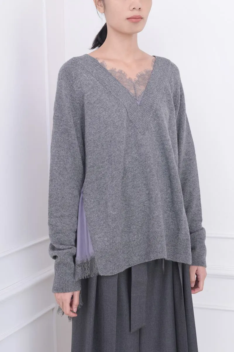 Grey Embellished Lace-Trimmed V-Neck Sweater