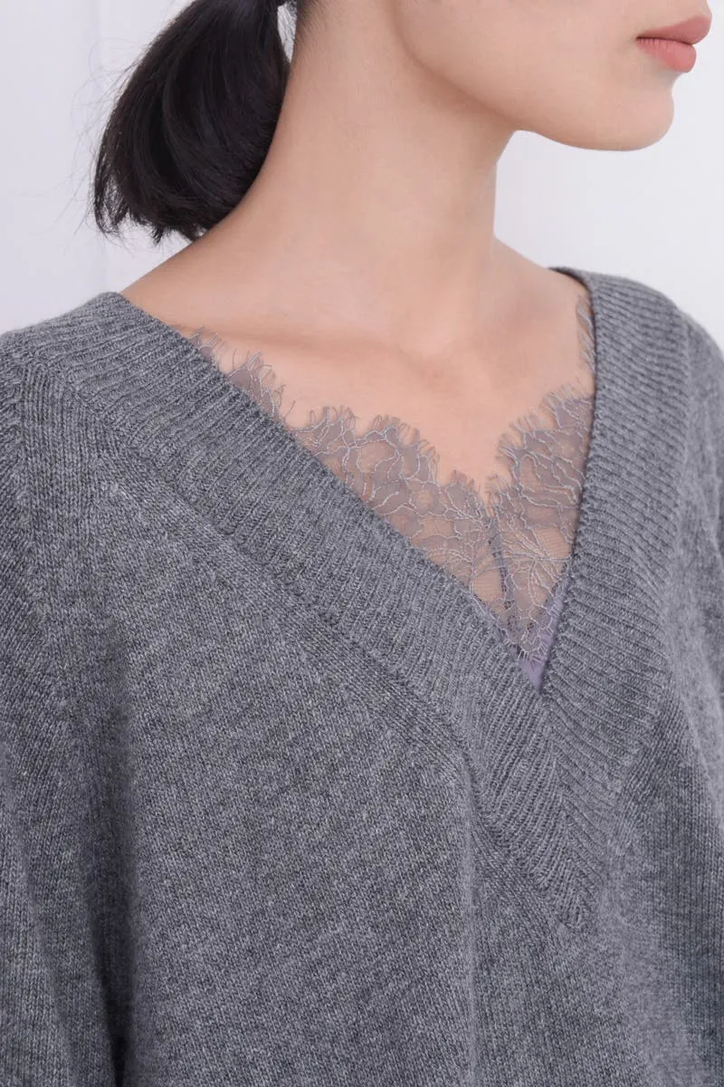 Grey Embellished Lace-Trimmed V-Neck Sweater