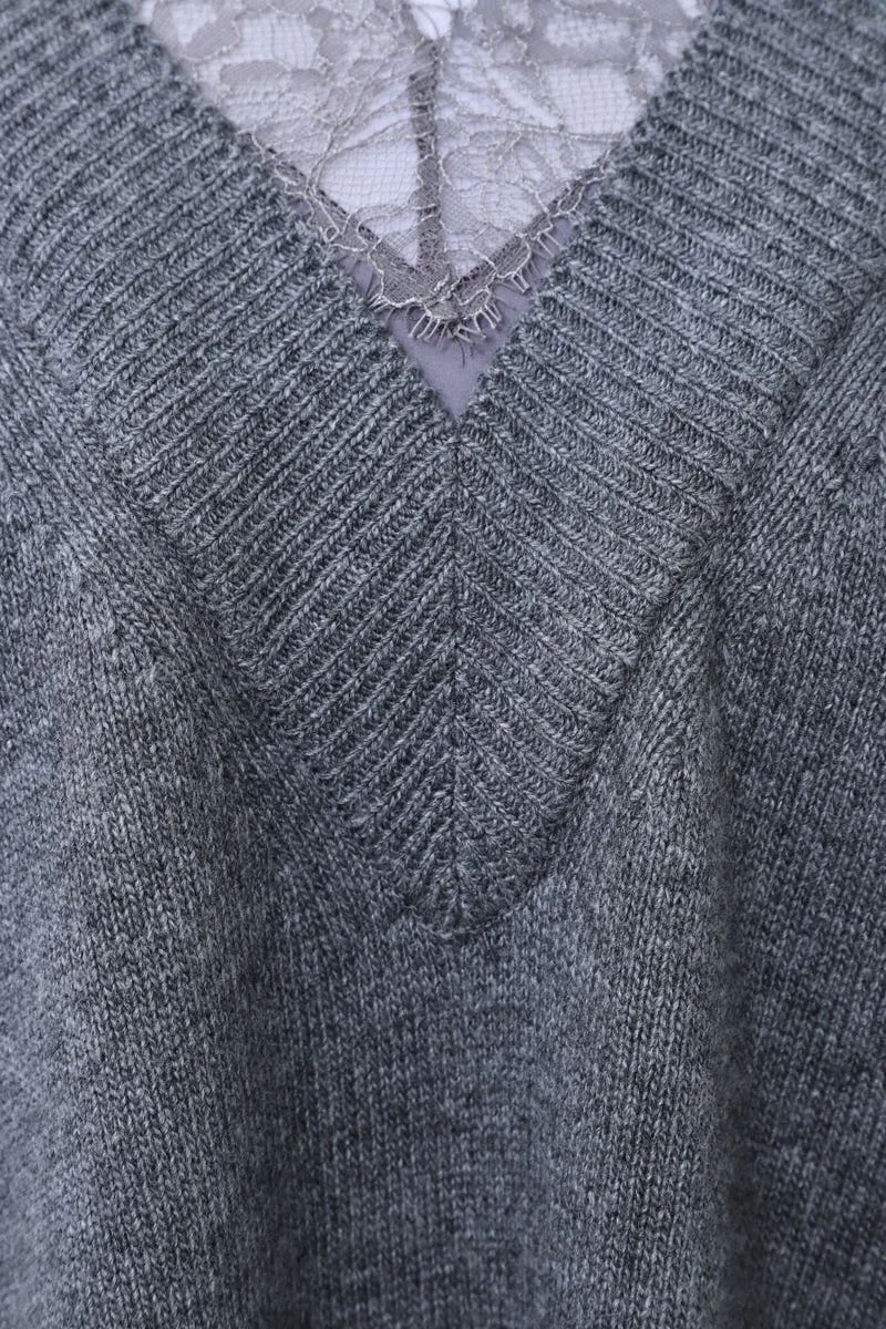 Grey Embellished Lace-Trimmed V-Neck Sweater