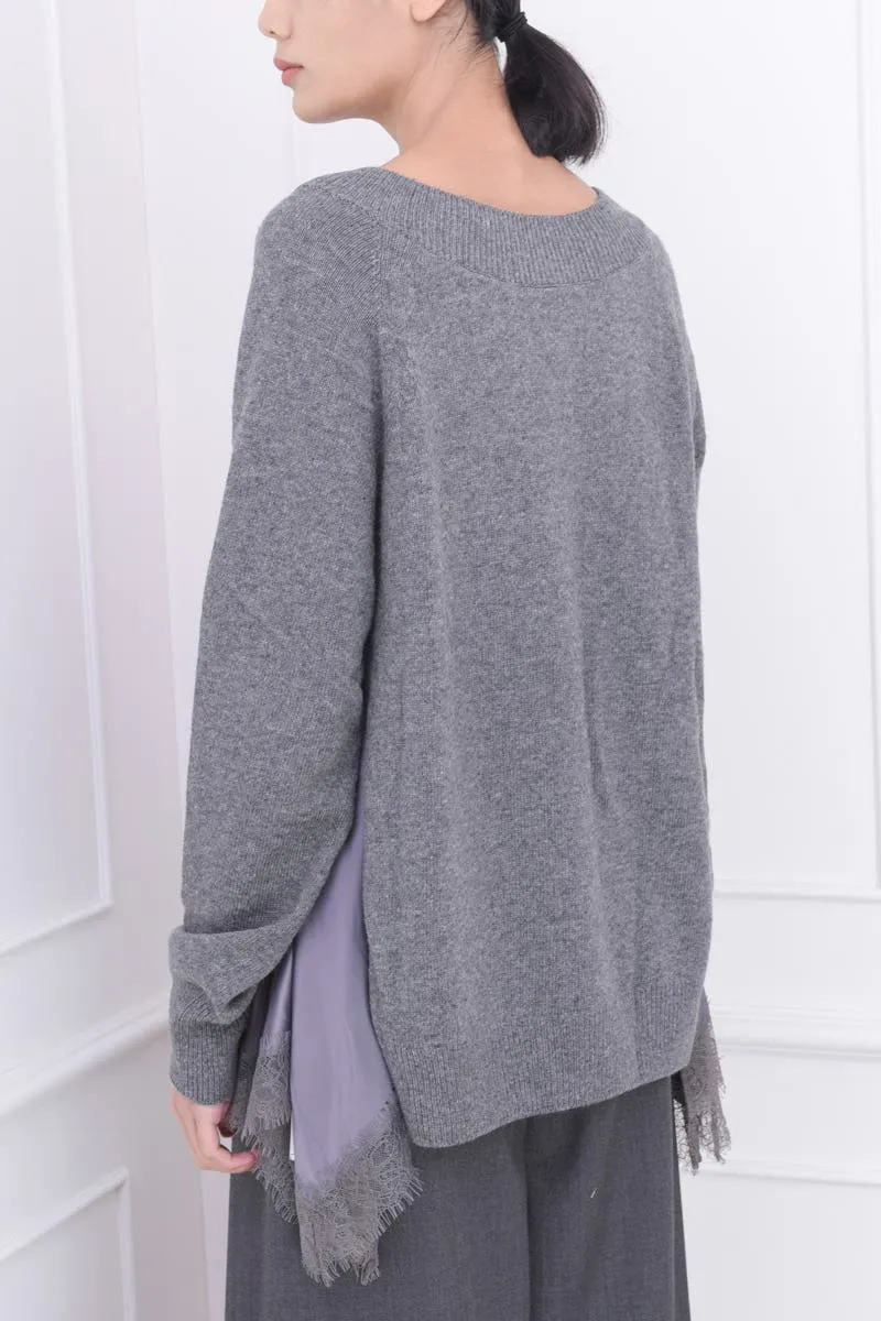 Grey Embellished Lace-Trimmed V-Neck Sweater