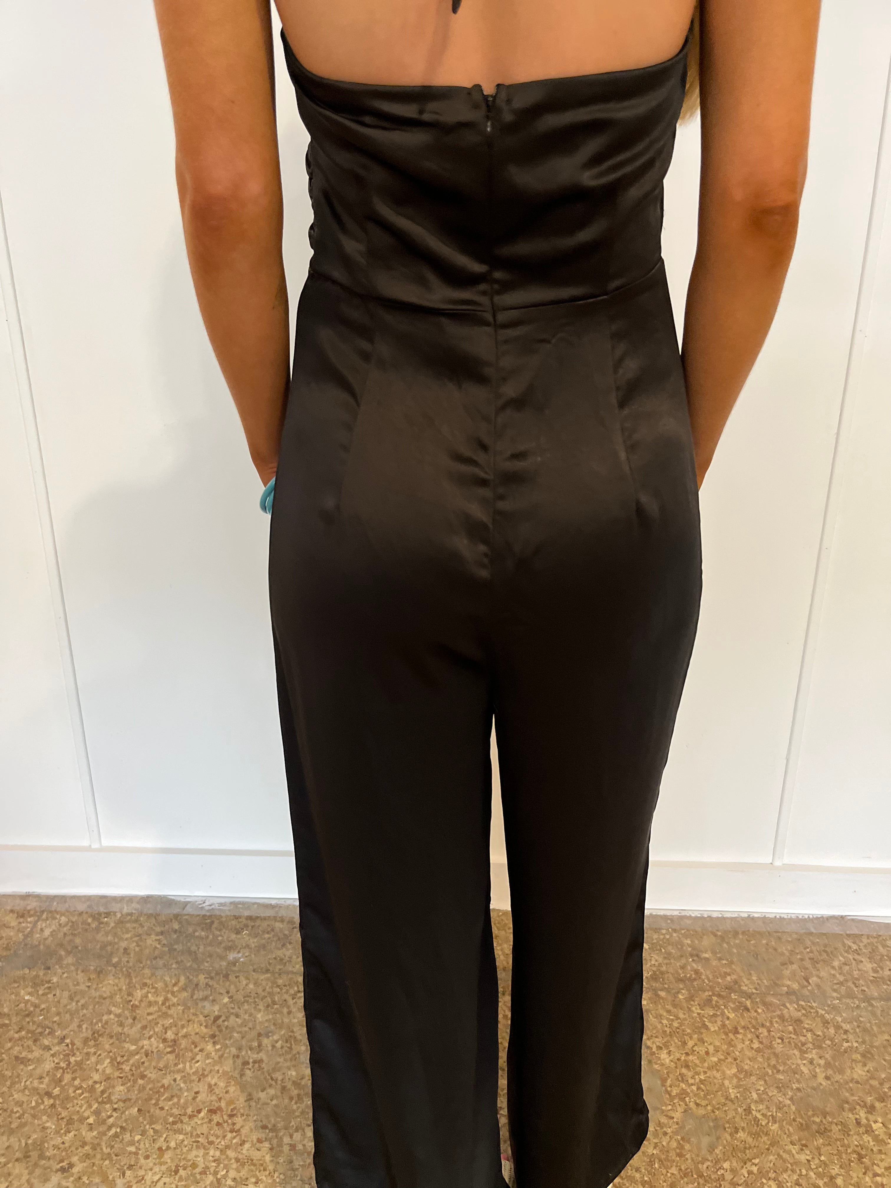 Halter V-Neck Satin Jumpsuit - Black