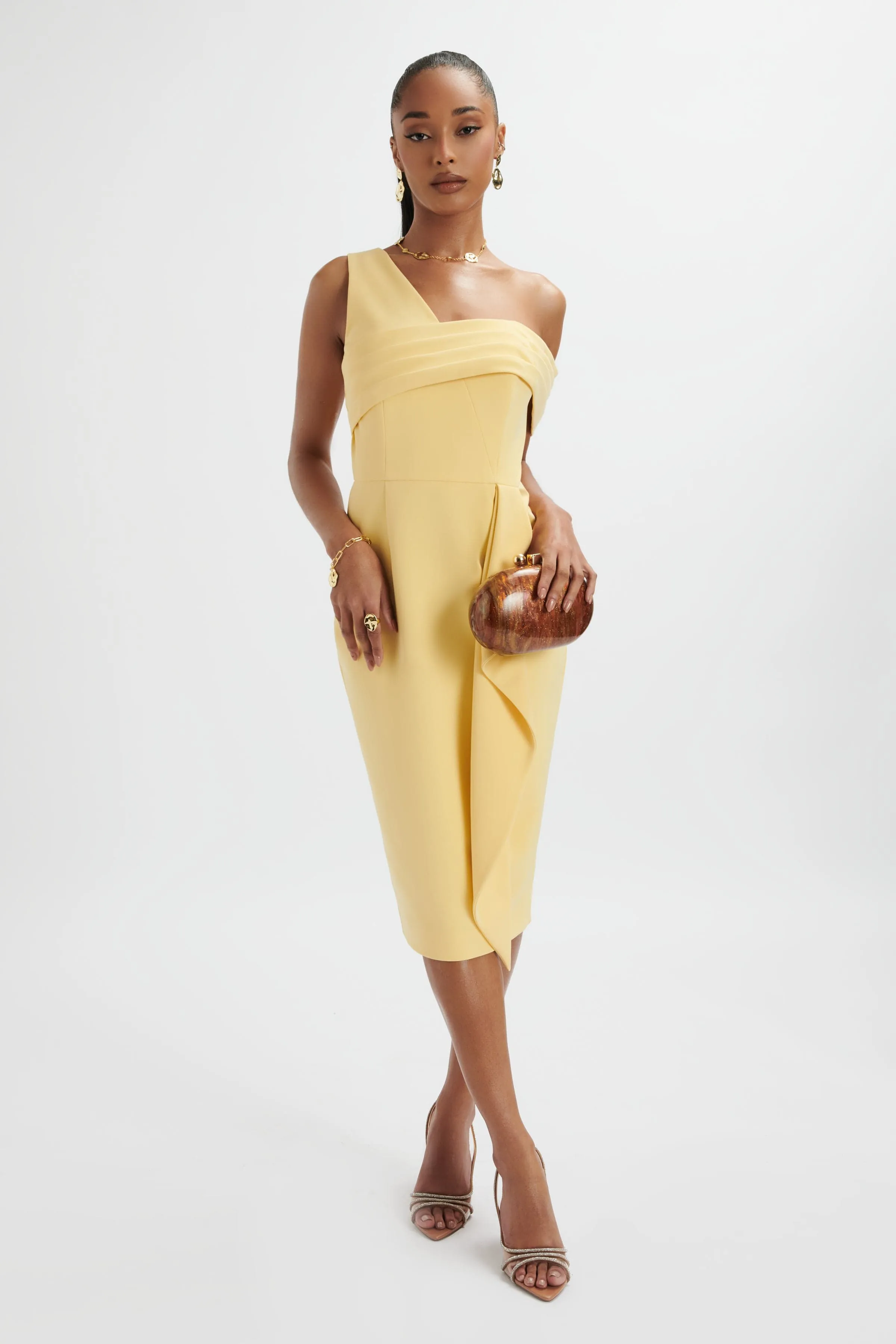 HANNAH Pleated Asymmetric Off Shoulder Midi Dress In Pastel Yellow