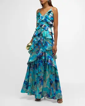 Harlen Ruffle Tiered Metallic Jacquard Gown