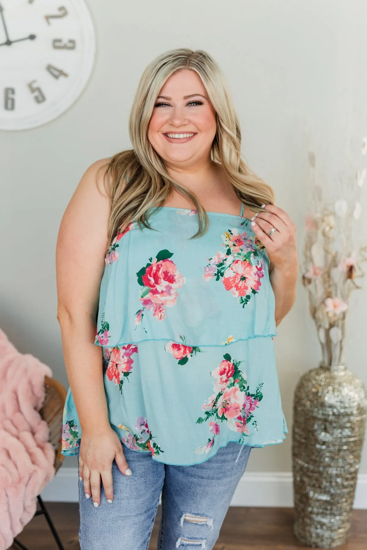 Island Breeze Floral Tiered Tank Top- Sky Blue