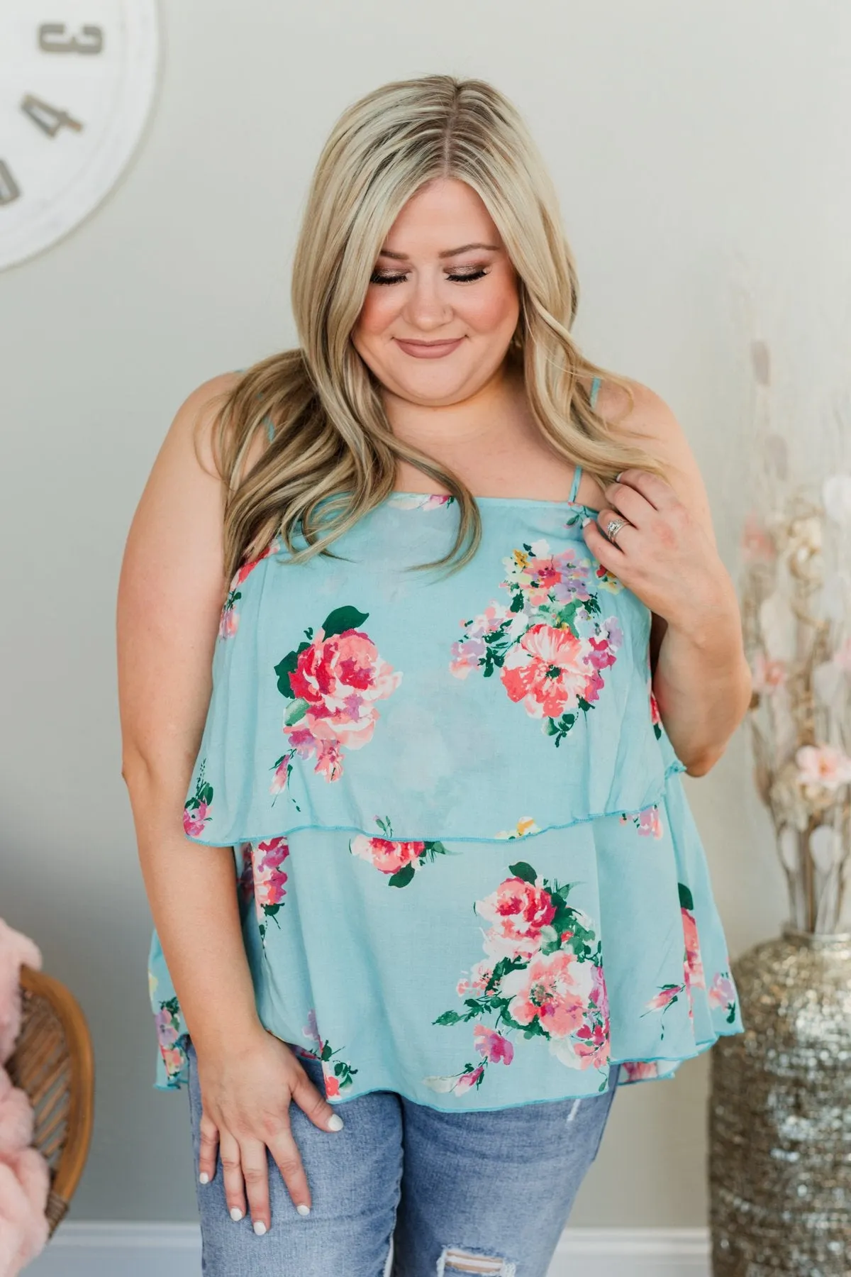 Island Breeze Floral Tiered Tank Top- Sky Blue