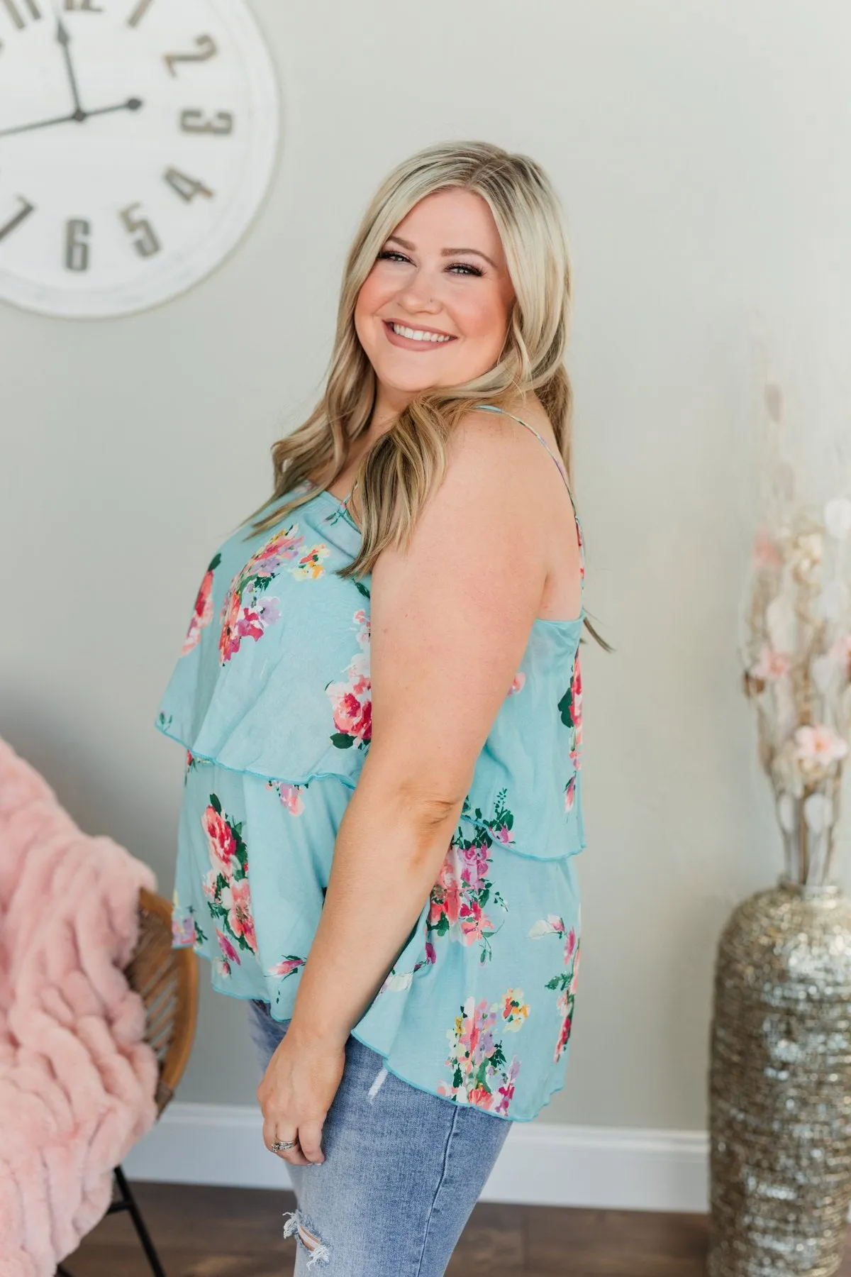 Island Breeze Floral Tiered Tank Top- Sky Blue