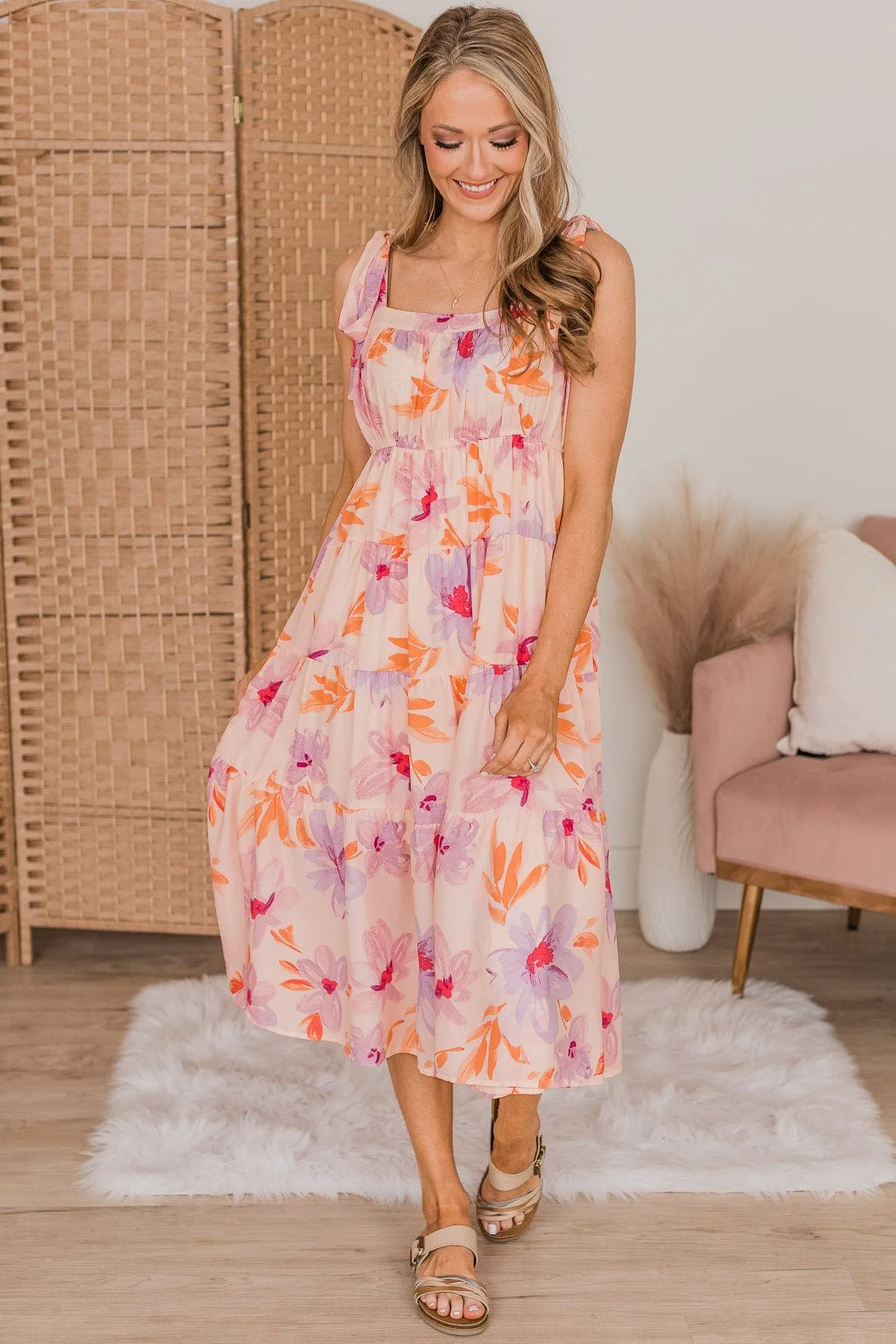 Joyous Occasion Tiered Floral Dress- Pale Orange & Lavender