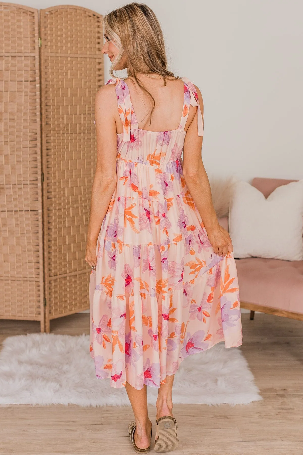 Joyous Occasion Tiered Floral Dress- Pale Orange & Lavender