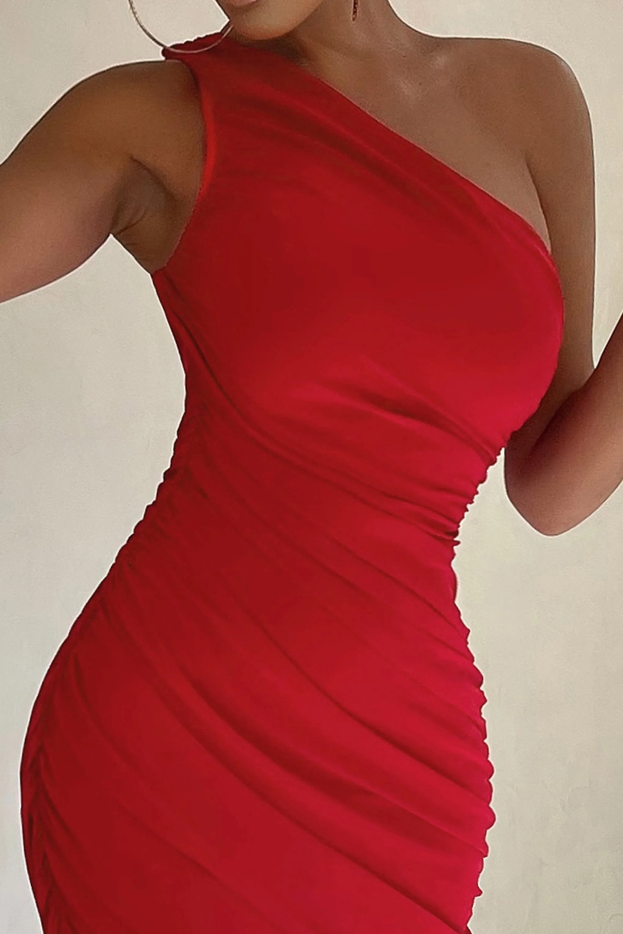 Late Night | Red Asymmetric One Shoulder Ruched Midi Dress