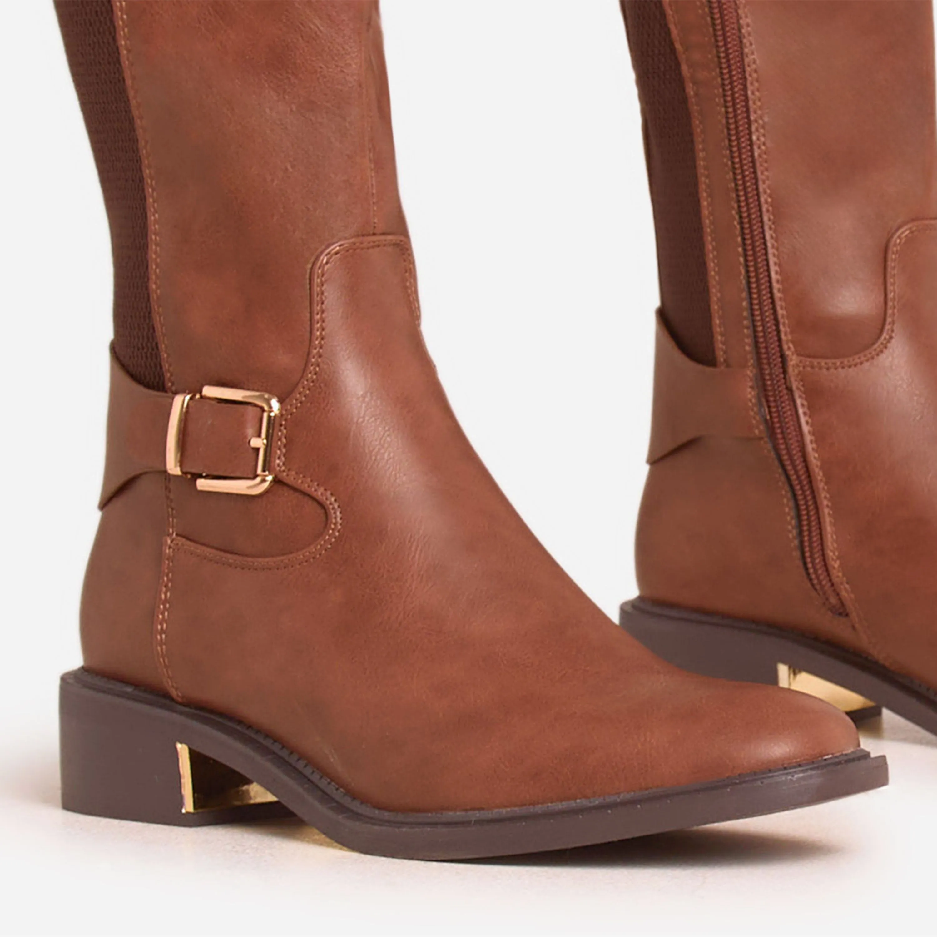 Latte Buckle Detail Gold Plate Knee High Long Boot In Tan Brown Faux Leather