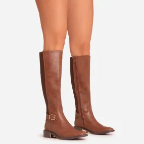 Latte Buckle Detail Gold Plate Knee High Long Boot In Tan Brown Faux Leather