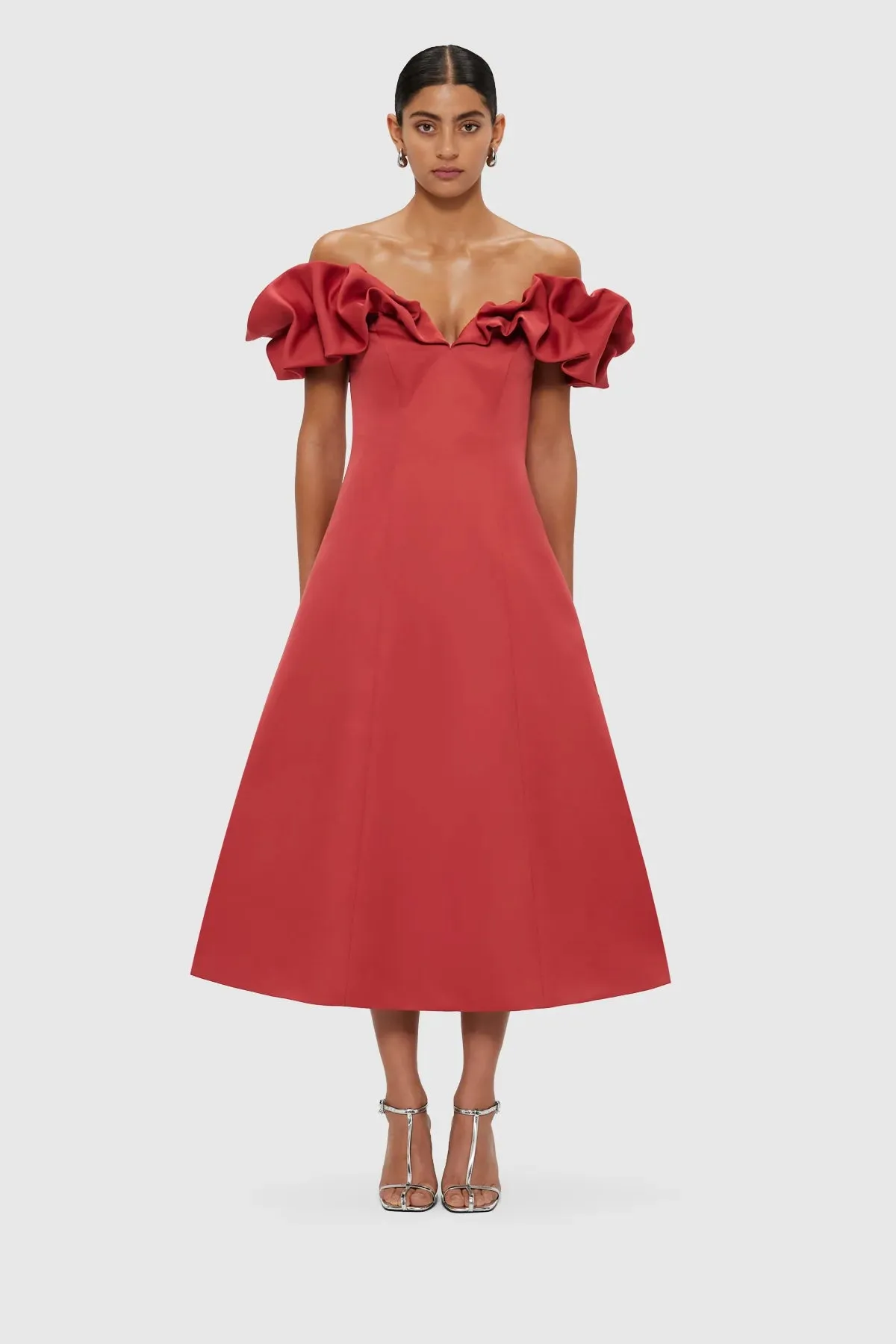 Leo Lin Annie Off Shoulder Frill Midi Dress - Mulberry