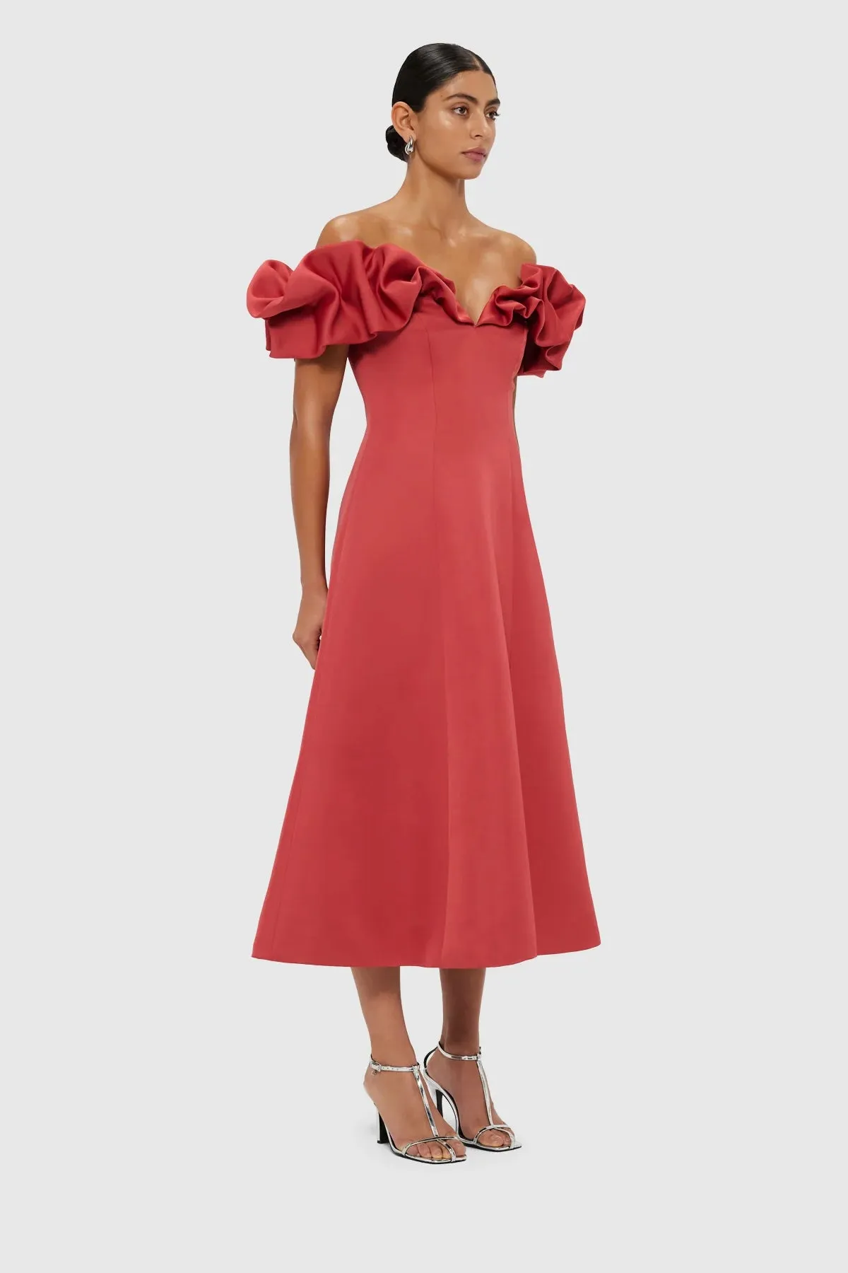 Leo Lin Annie Off Shoulder Frill Midi Dress - Mulberry