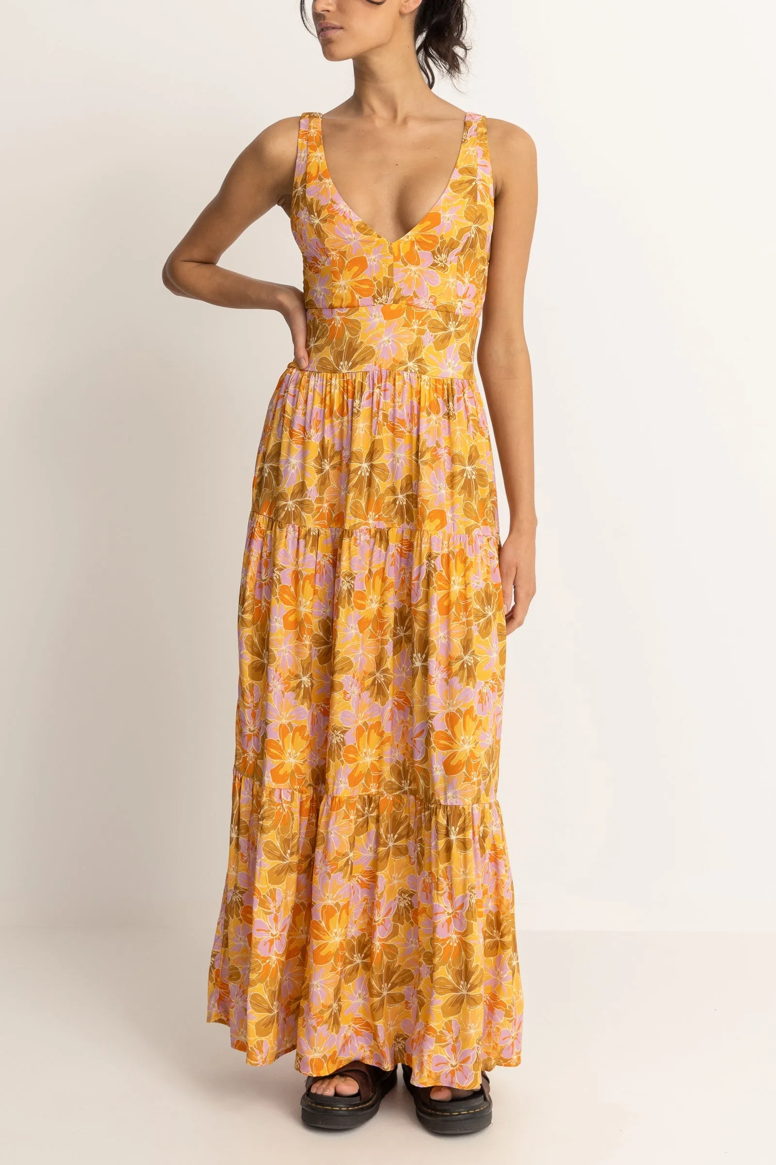 Mahana Floral Tiered Maxi Dress Yellow