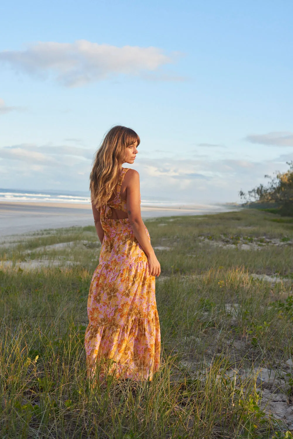 Mahana Floral Tiered Maxi Dress Yellow