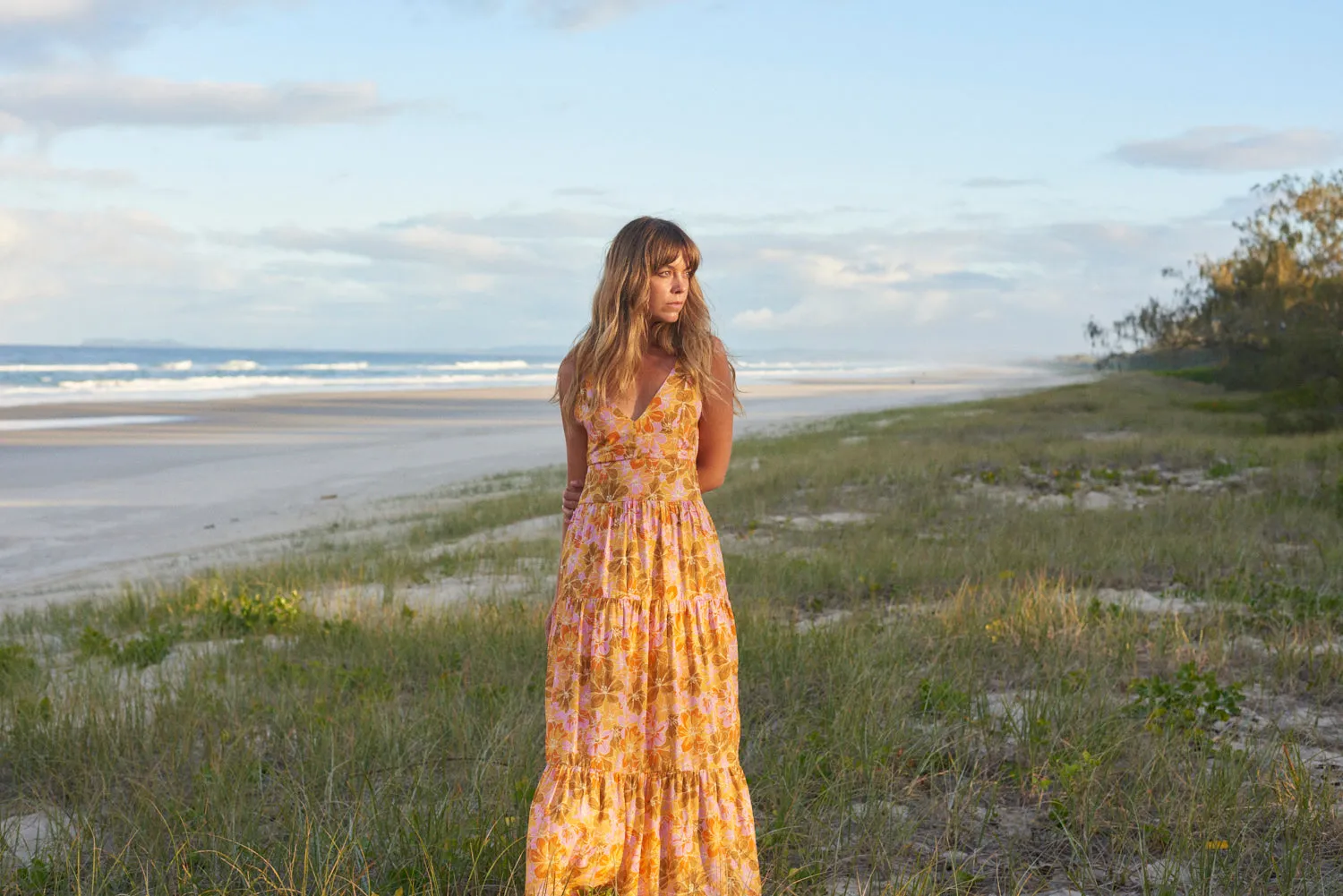 Mahana Floral Tiered Maxi Dress Yellow