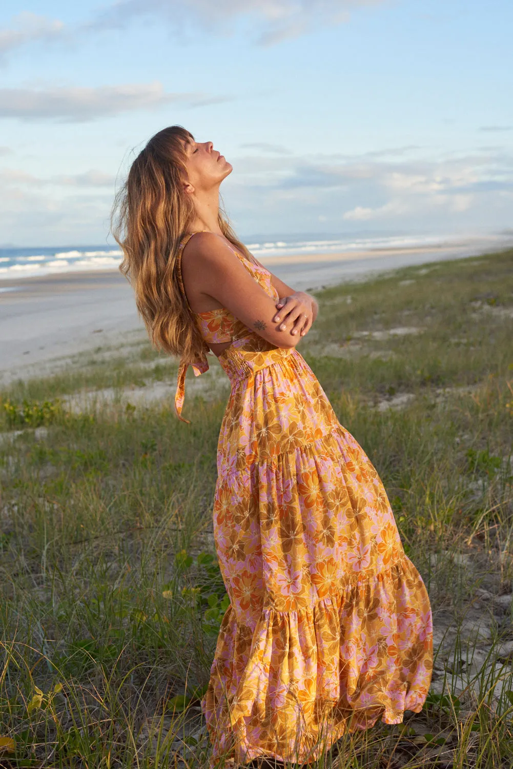 Mahana Floral Tiered Maxi Dress Yellow