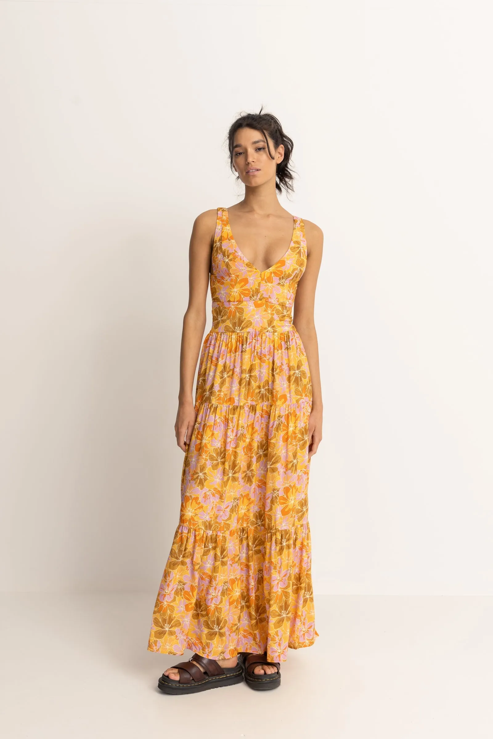 Mahana Floral Tiered Maxi Dress Yellow