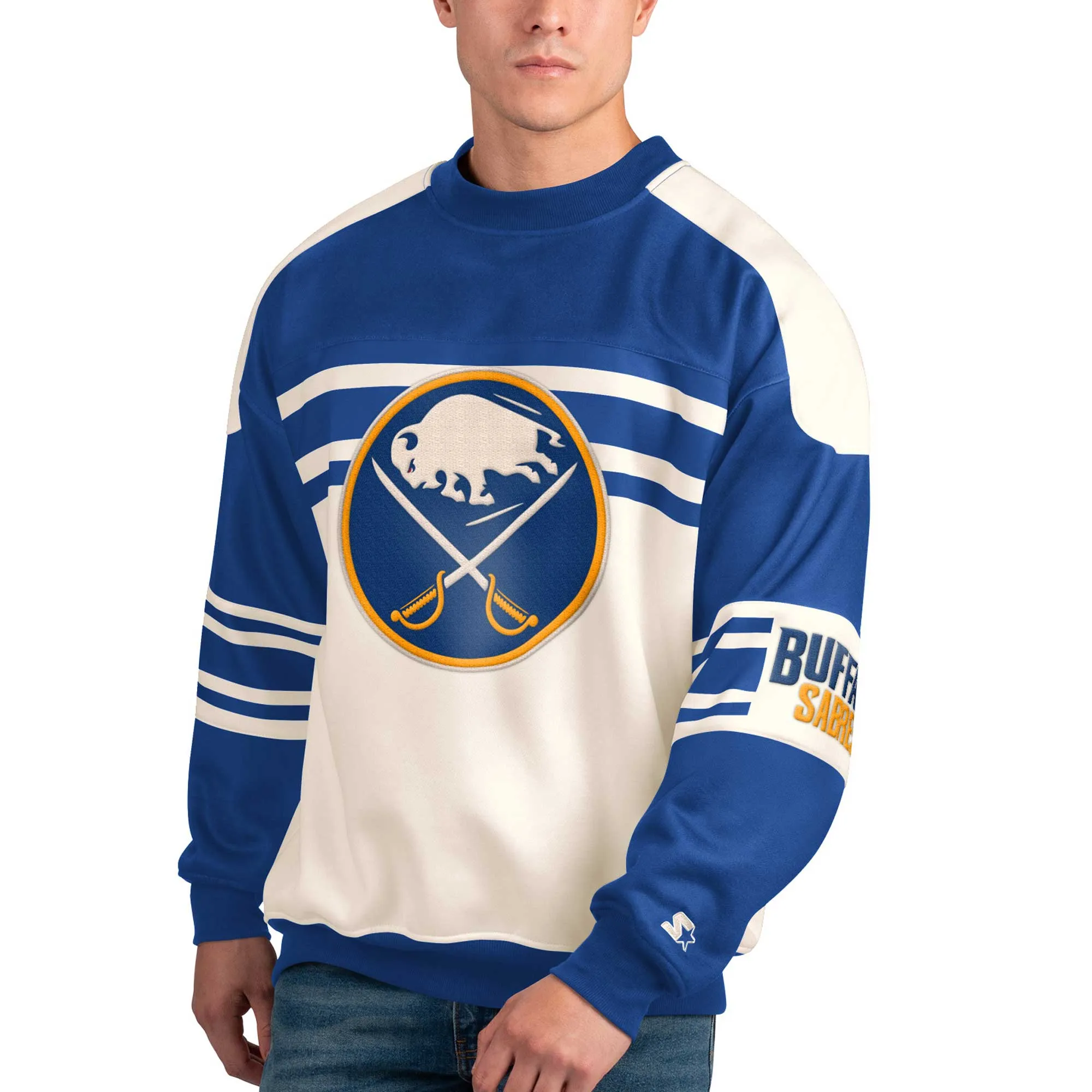 Men's Buffalo Sabres Starter White Defense Fleece Crewneck Pullover Sweatshirt