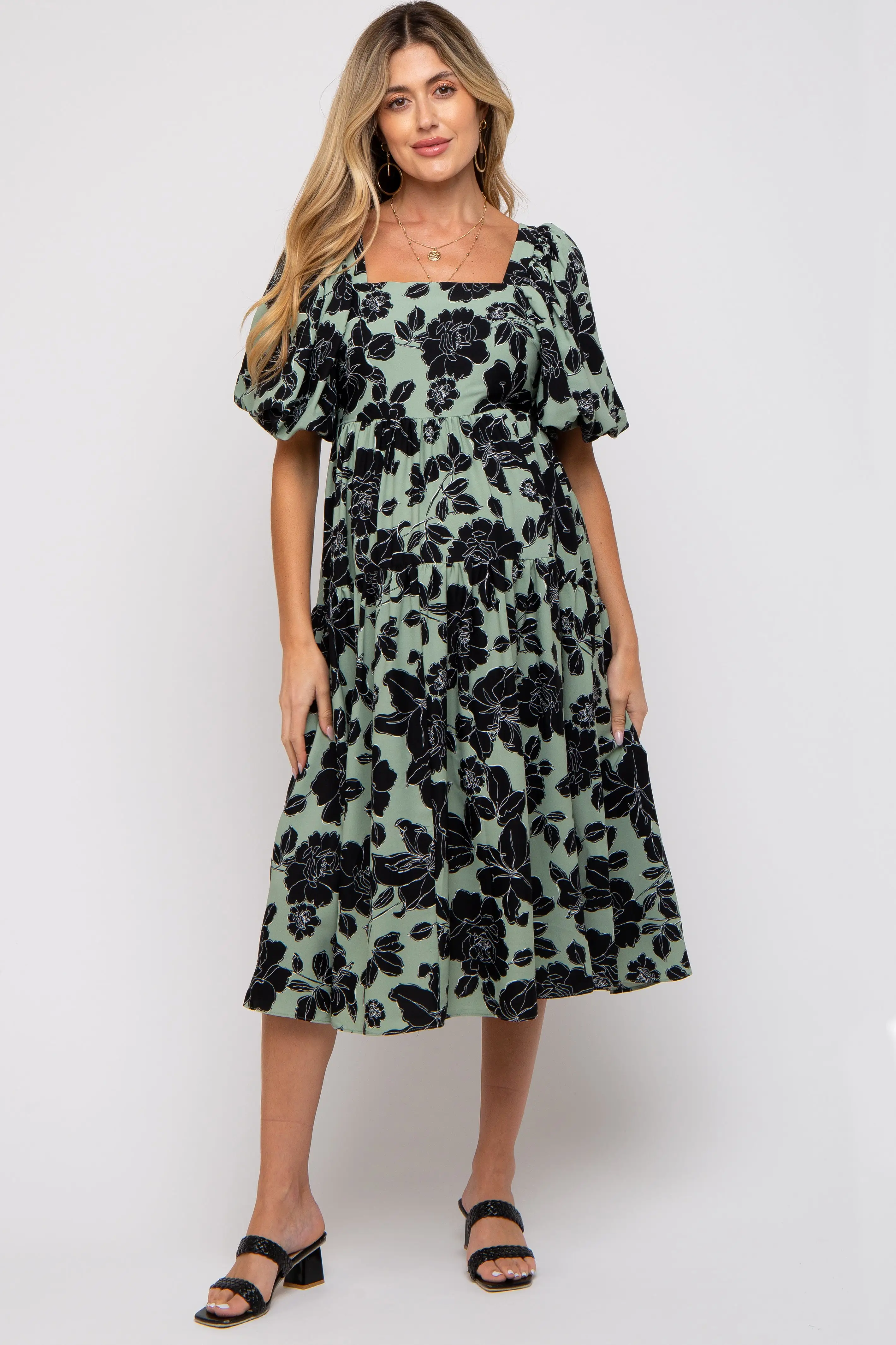 Mint Green Floral Puff Sleeve Tiered Maternity Dress