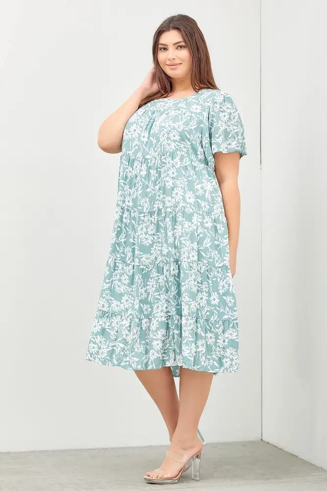 Mint Green Floral Tiered Short Sleeve Plus Midi Dress