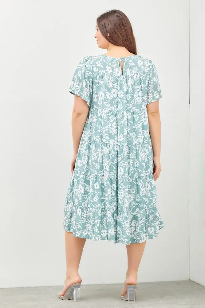 Mint Green Floral Tiered Short Sleeve Plus Midi Dress