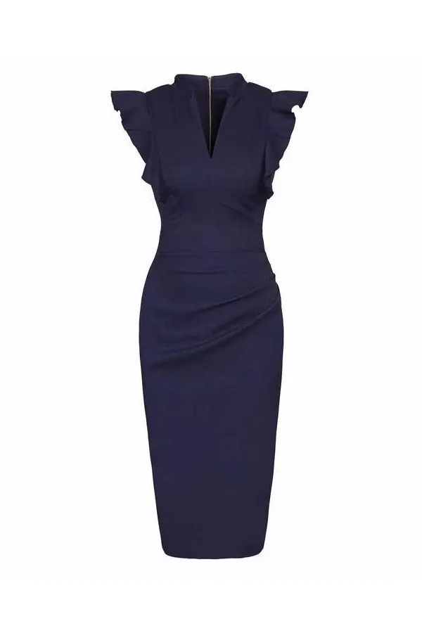 Navy Blue Ruffle Shoulder Bodycon Pencil Dress