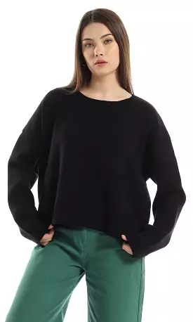 O162568 Side Slits Basic Black Pullover With Side Pocket