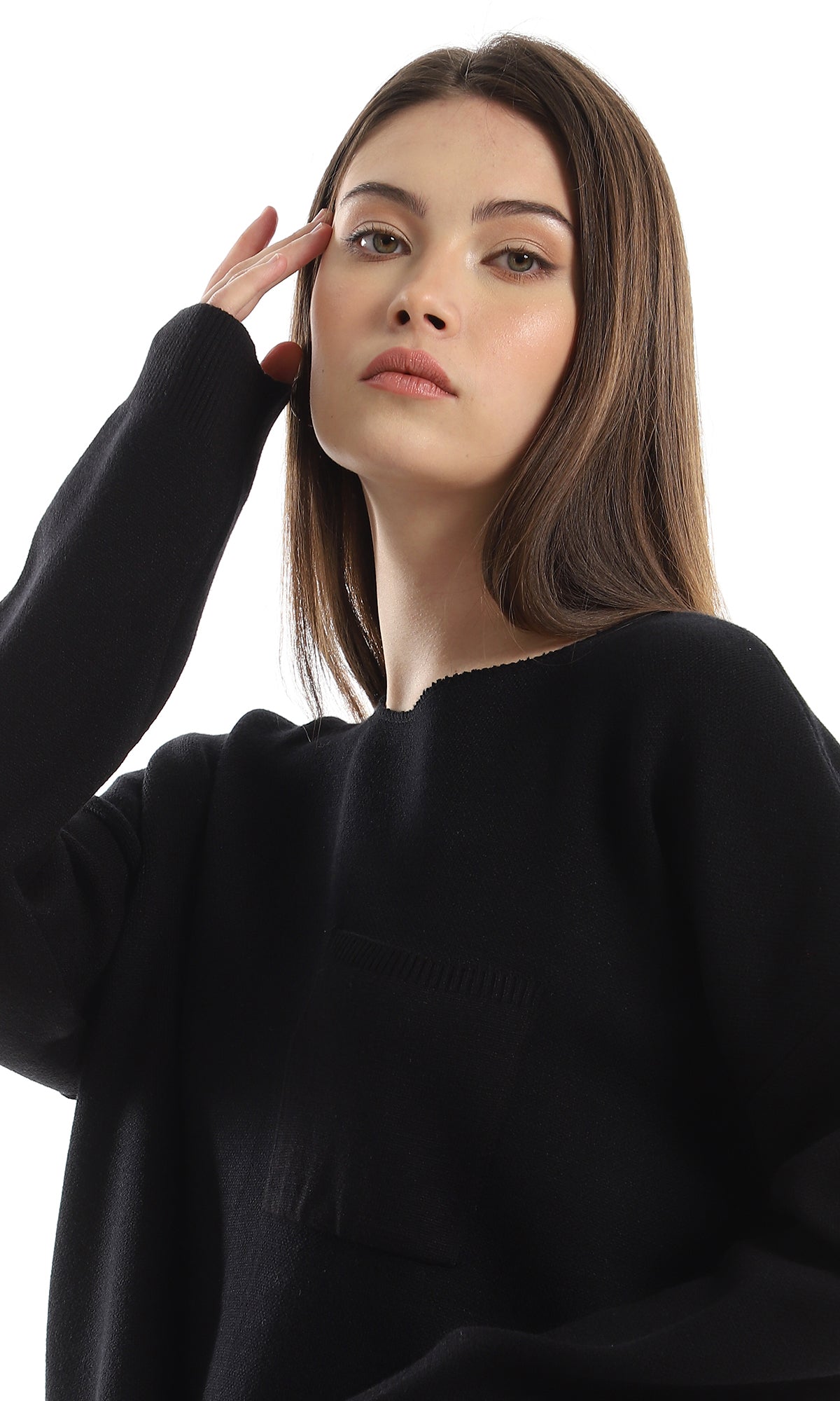 O162568 Side Slits Basic Black Pullover With Side Pocket