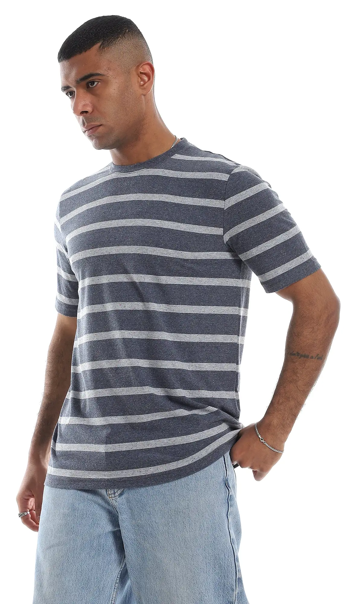 O164005 Striped Round Neck Short Sleeves Heather Navy Blue & Grey T-Shirt