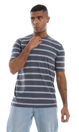 O164005 Striped Round Neck Short Sleeves Heather Navy Blue & Grey T-Shirt