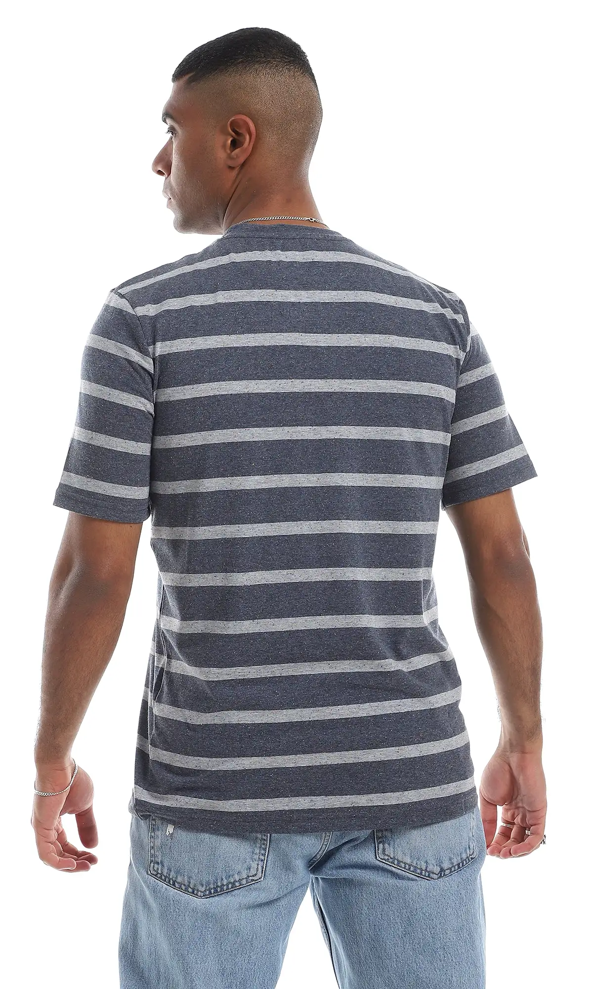 O164005 Striped Round Neck Short Sleeves Heather Navy Blue & Grey T-Shirt