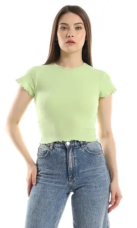 O164673 Round Neck Cap Sleeves Cotton T-Shirt - Apple Green