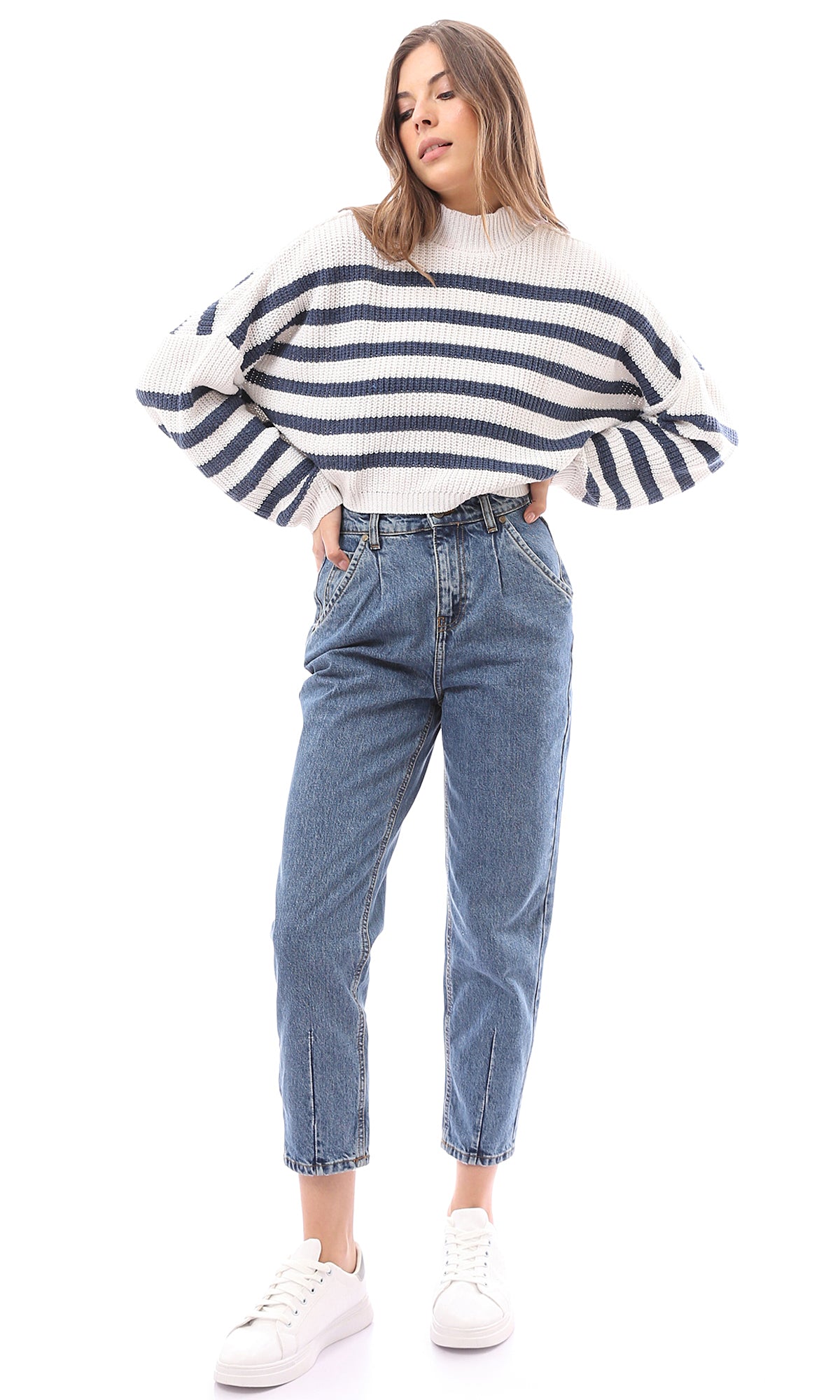 O169841 Chunky Knit With Stripes Navy Blue & Off-White Pullover