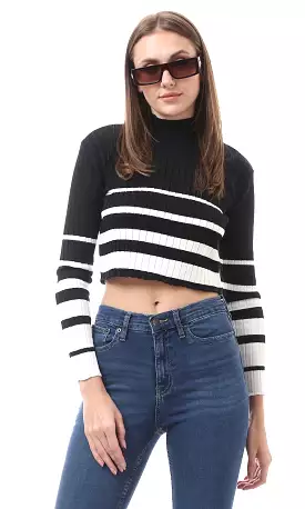 O174522 Black Soft Basic Pullover With White Stripes