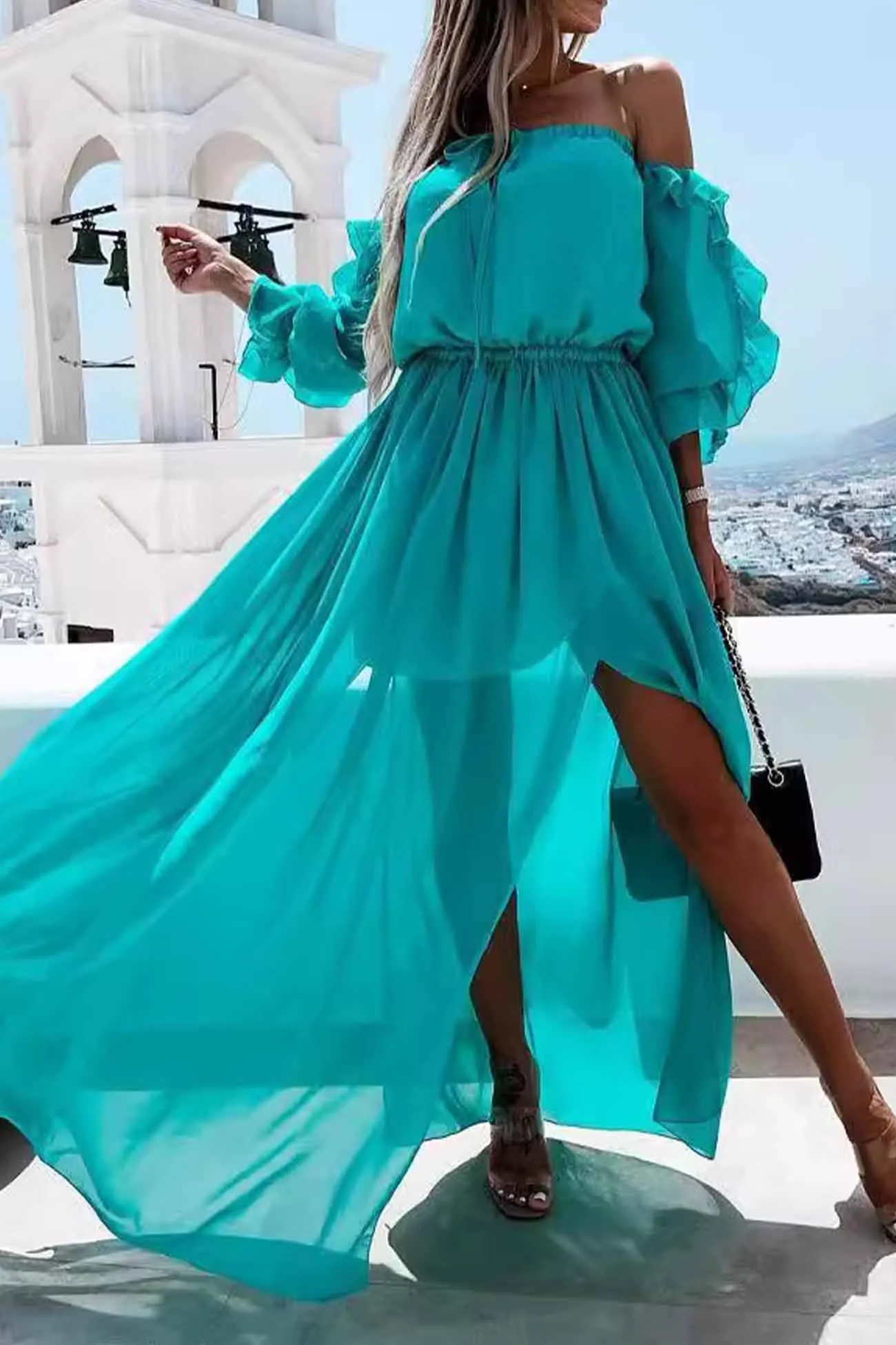 Off shoulder Slit Ruffle Midi Dress