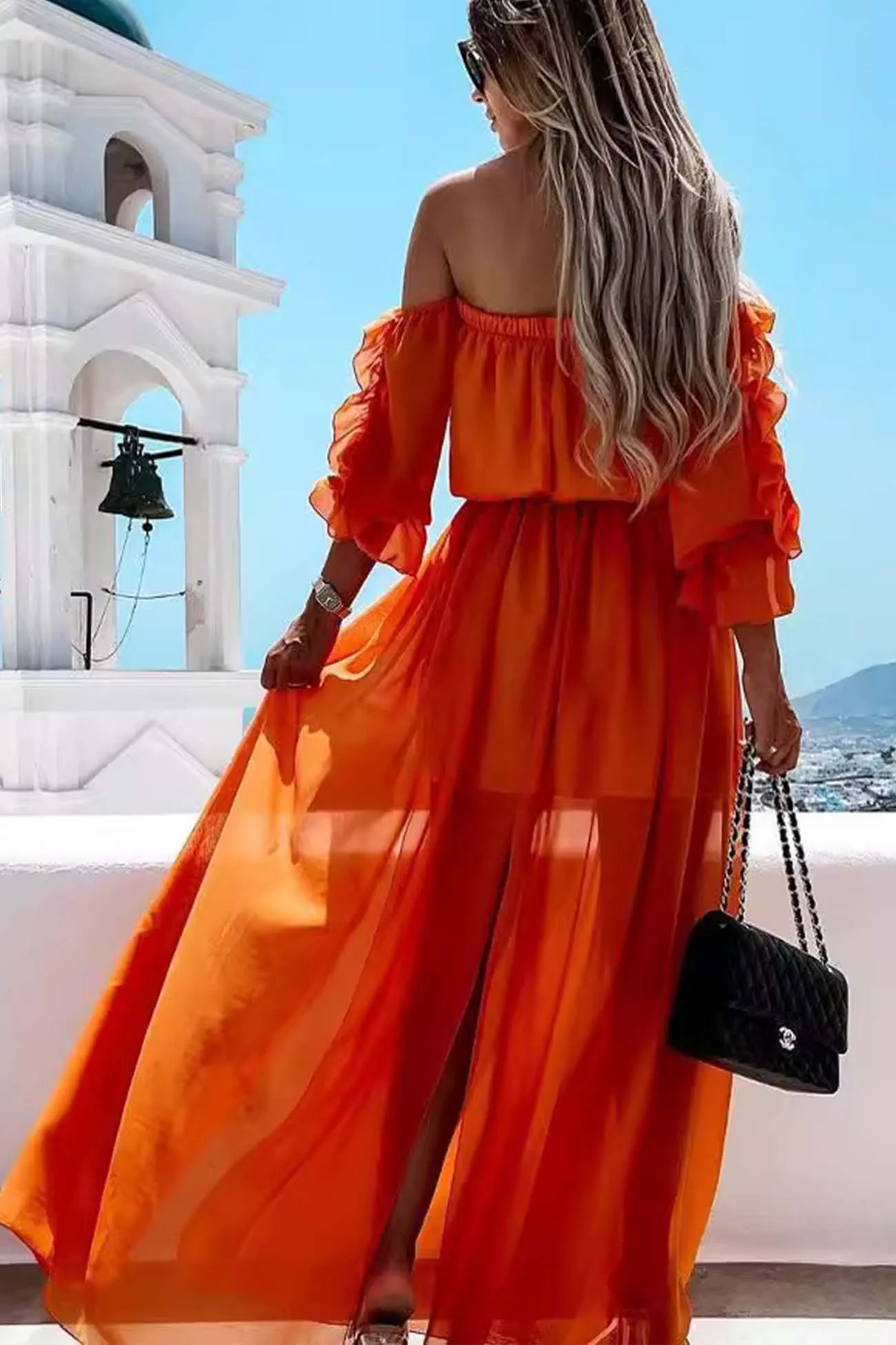 Off shoulder Slit Ruffle Midi Dress