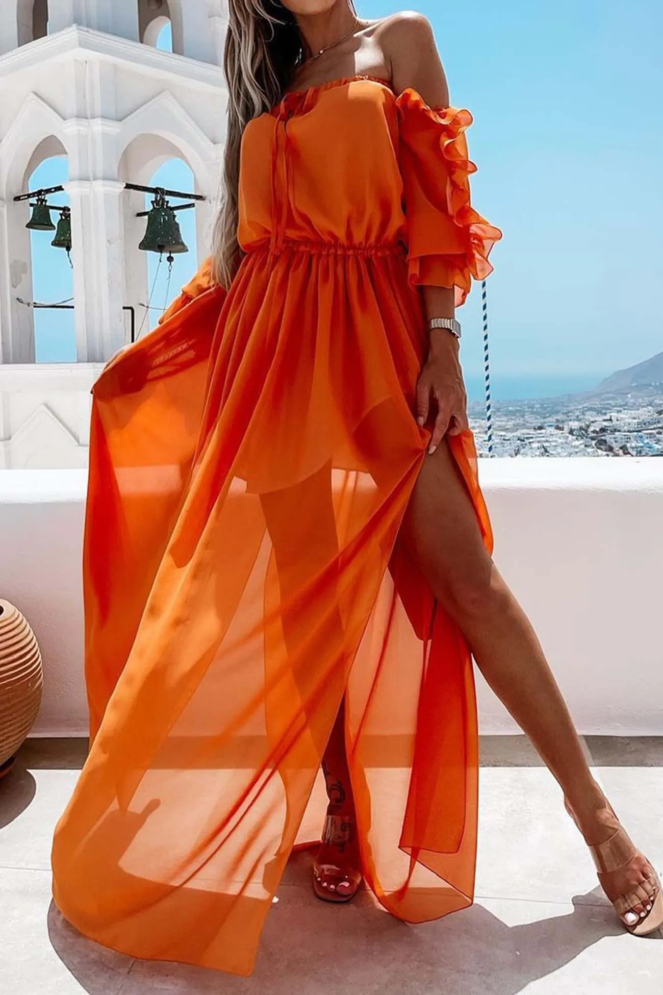 Off shoulder Slit Ruffle Midi Dress